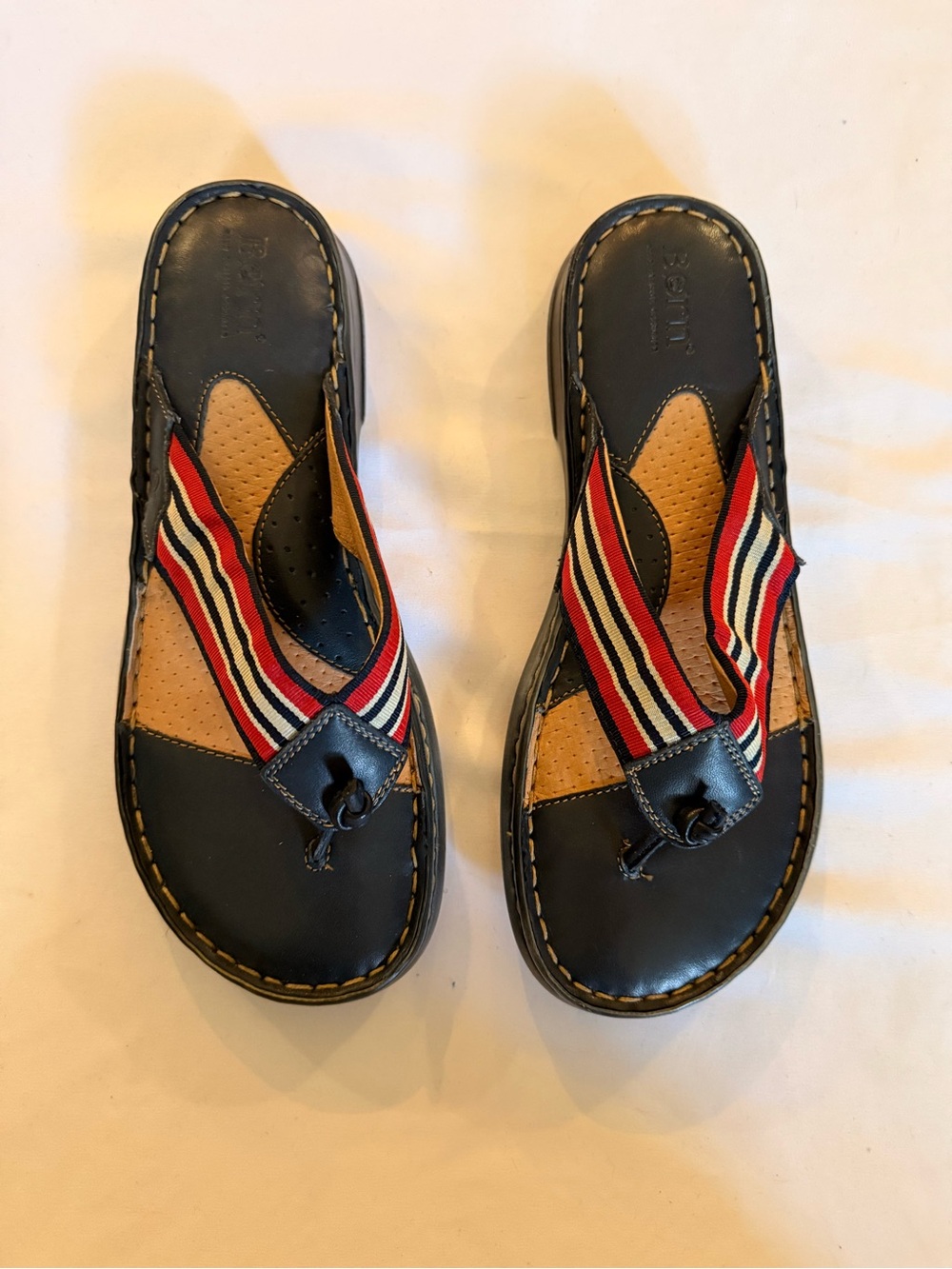 Born Striped Strap Navy Leather Flip Sandals